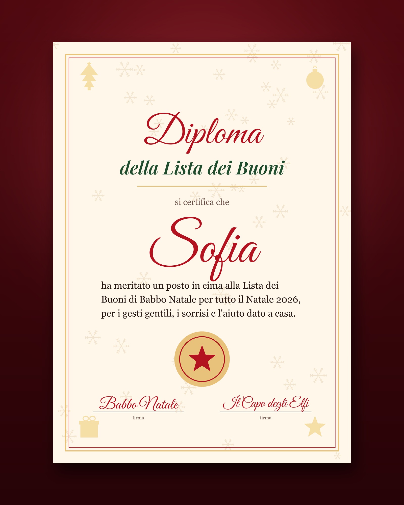 Diploma della Lista dei Buoni con il nome
