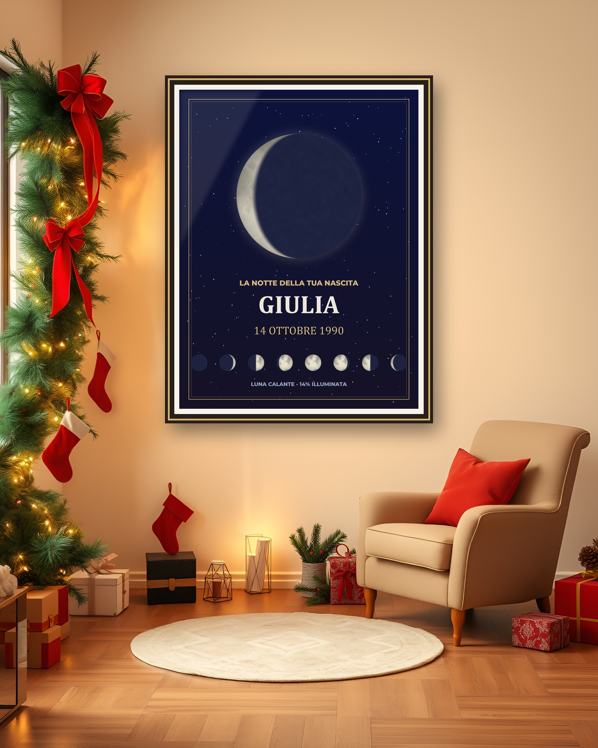 Poster della luna di nascita appeso in un salotto natalizio