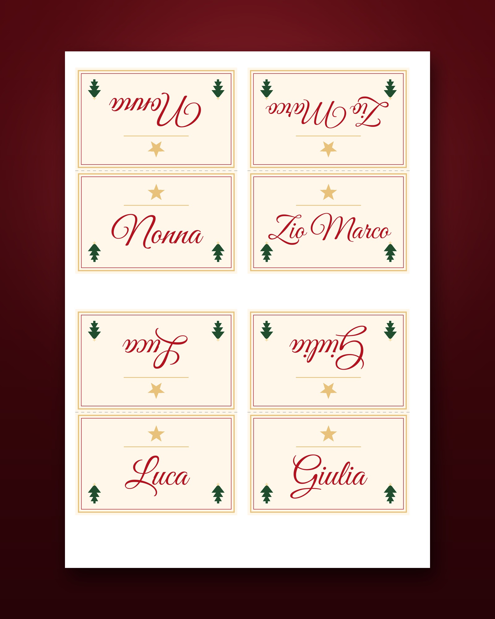 Segnaposto di Natale con i nomi degli invitati