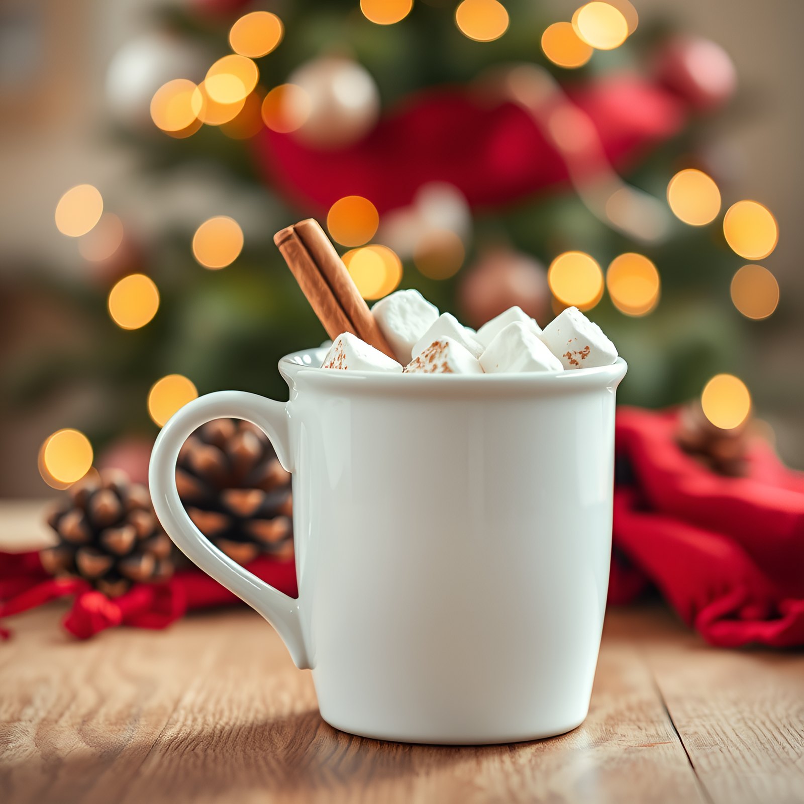 Tazza bianca di cioccolata calda davanti all'albero